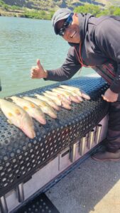 A smiling man with caught while fishing on the Columbia River near Rufus, Oregon. The walleye are lined up in Marvin's Guide Service's boat.