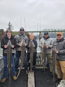 Five anglers hold up keeper sturgeon they caught in the Columbia River Gorge fishing with Marvin's Guide Service on New Year's Day.